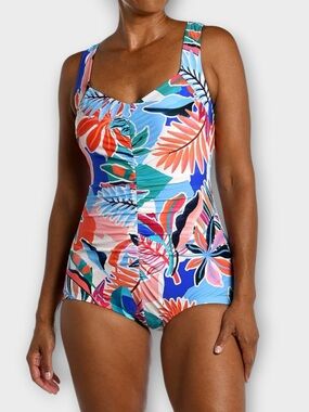Maxine of Hollywood Women's Tropical Shirred Front One Piece Swimsuit Size 16